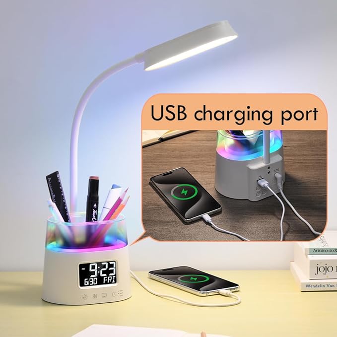 WILIT LED Desk Lamps for Home Office with Pen Holder, Table Lamp for Bedroom with USB Charging Port & Clock, RGB Night Light, Study Lamp for Kids Student, Desk Lamp for College Dorm Room Essentials