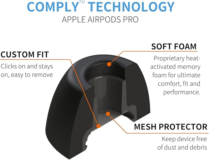 Comply Memory Foam Replacement Earbud Tips for Apple AirPods Pro 1 & 2 | Ultimate Comfort, Secure Fit, Superior Noise Isolation | Anti Slip, Prevent From Falling Out | Black, Large (3 Pairs)