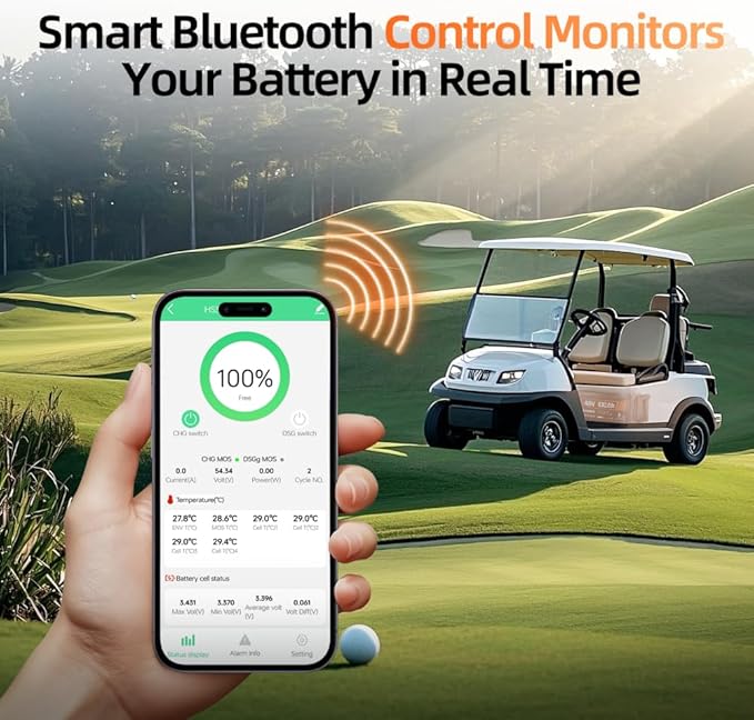 48V 100Ah Golf Cart LiFePO4 Lithium Battery with Bluetooth Group 8D, 15000+ Deep Cycle Battery, Built-in 200A BMS with Low-Temp Protection Golf Cart Accessories