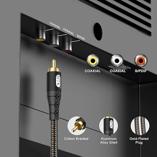 EMK RCA to RCA Subwoofer Cable – 24K Gold-Plated Connector Nylon Braided Double Shielded Audio Cable Digital&Analog Signal Support for Amplifiers Subwoofer Home Theater Hi-Fi Systems Black/25ft/8m