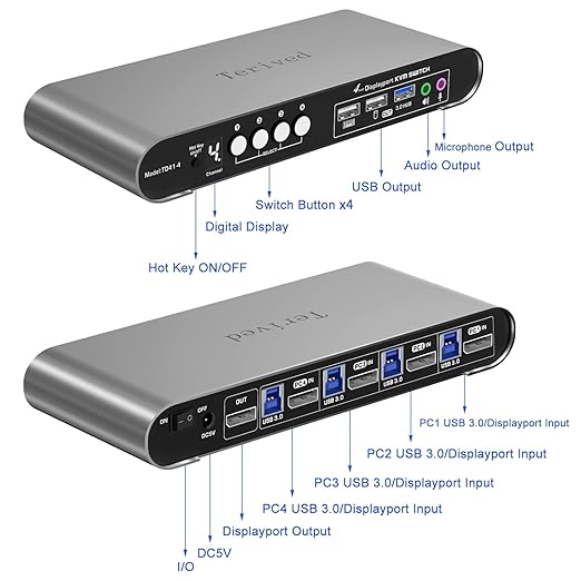 4 Computers 1 DP Monitor Automatic KVM Switch 4K@144Hz 8K30Hz with Complete Cable Set, Hotkey Switching, Support Audio Microphone and USB Hub, Aluminum Alloy Shell, Digital Display, HDR10