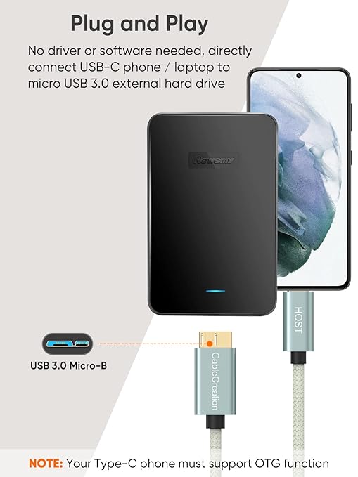 CableCreation 1FT USB C to Micro B Cable,10Gbps Speed External Hard Drive Braided,USB 3.1 Type C to Micro B Work for iPhone 15 Series,Seagate WD Westgate My Passport,MacBook Pro/Air, iPad/Tablet,Green
