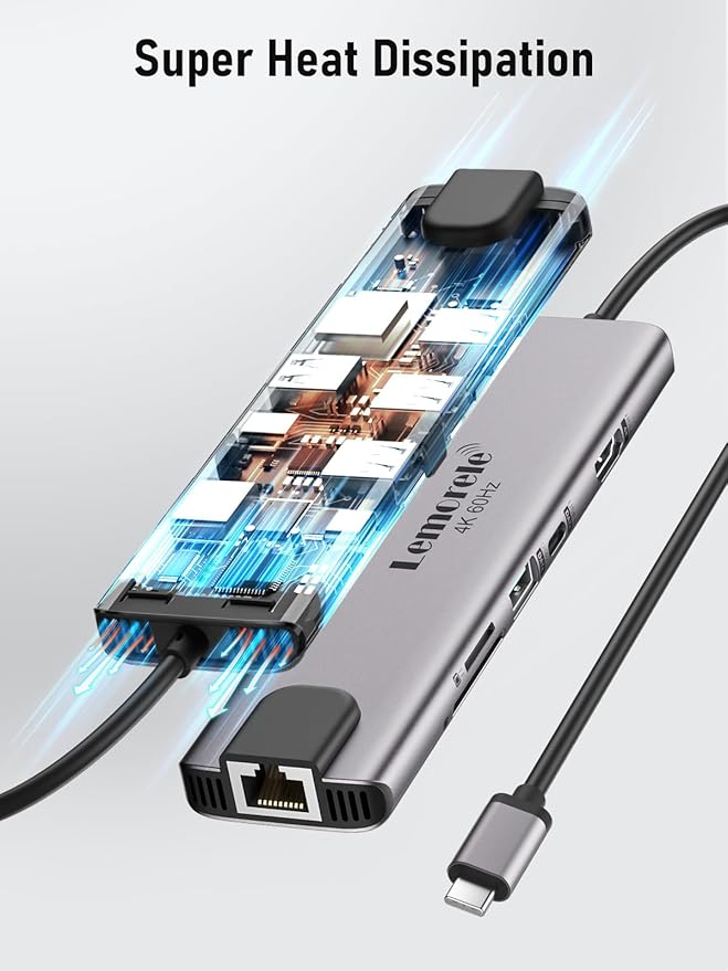Lemorele USB C Hub Multiport Adapter 10-in-1 for MacBook Pro with HDMI 4K 60Hz, Gigabit Ethernet, 100W Power Delivery, 2 USB 3.0 Ports, SD/TF Card Reader, for HP/Dell/Lenovo Laptops