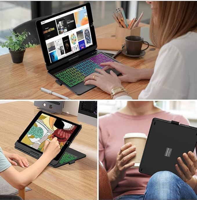 Keyboard Case for iPad 10.2 9th/8th/7th Gen, Rotating Case for iPad9/iPad8/iPad7 with Backlits Touchpad Keyboard-360° Rotatable Smart Cover with Pencil Holder, Silver