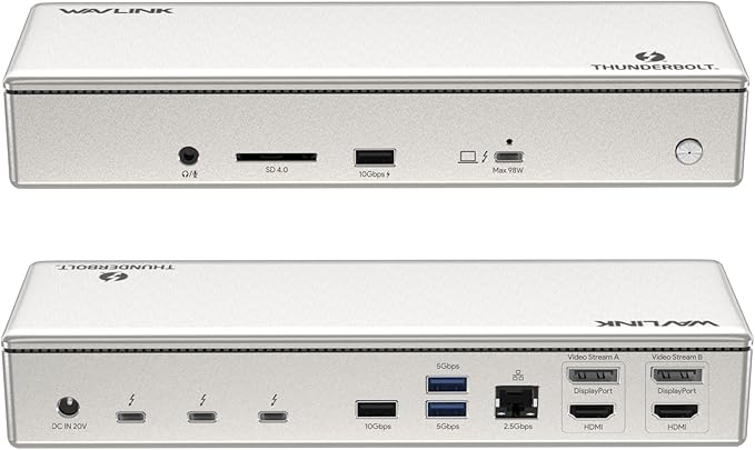WAVLINK Thunderbolt 4 Dock with 100W Charging, Displaylink Docking Station Quad 4K@60Hz Monitor,3 Thunderbolt 4 Ports, 2.5G Ethernet, Thunderbolt Dock for Mac M1-M4 and PC,Displaylink Driver Required