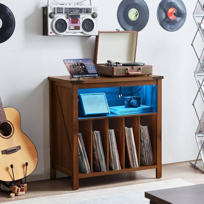 Large Record Player Stand with Charging Station & LED Lights, Vinyl Records Storage Holder Cabinet Holds up to 230 Albums, Turntable Stand for Music Room, Bedroom, Living Room, Office (Brown)