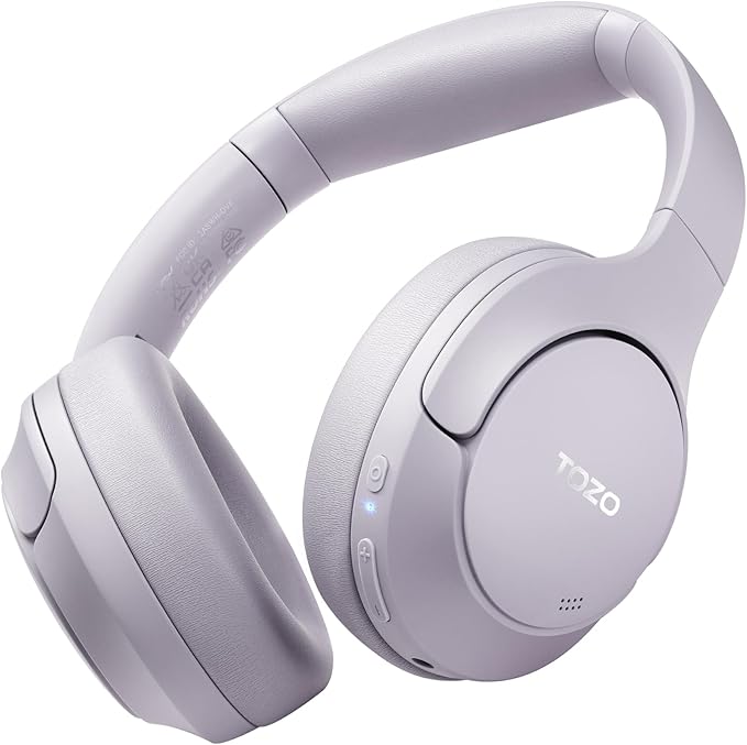 TOZO HT2 Hybrid Active Noise Cancelling Headphones, Wireless Over Ear Bluetooth Headset, 60H Playtime, Hi-Res Audio Custom EQ via App Deep Bass Comfort Fit Ear Cups, for Home Office Travel Purple