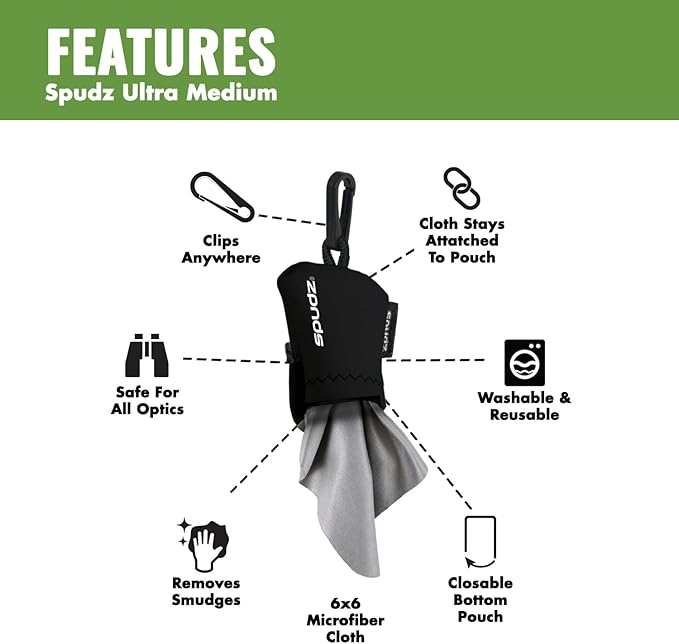 SPUDZ Ultra Microfiber Lens Cleaner – Closable Pouch, Clip-On, Washable – for Optics, Scopes, Glasses | Titanium, 6 x 6 Inch