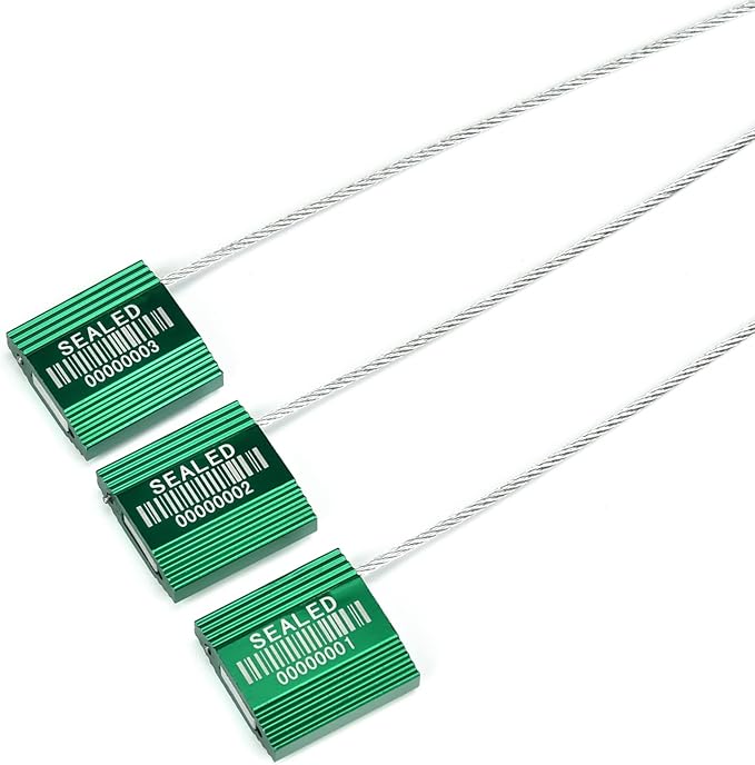 50 Green High Security Cable Seals with Barcode Pull Tight Numbered Steel Security Seals Metal Container Seals Anti-Tamper Shipping Self-Locking Tags for Logisitics ISO 17712 Certificated