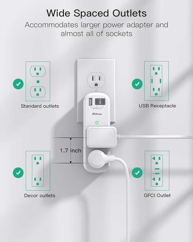 PD30W USB Outlet Extender Surge Protector - with Rotating Plug, 6 AC Multi Plug and 3 USB Ports (2 C), 3-Sided Swivel Power Strip Spaced Splitter for Home, Office, Travel