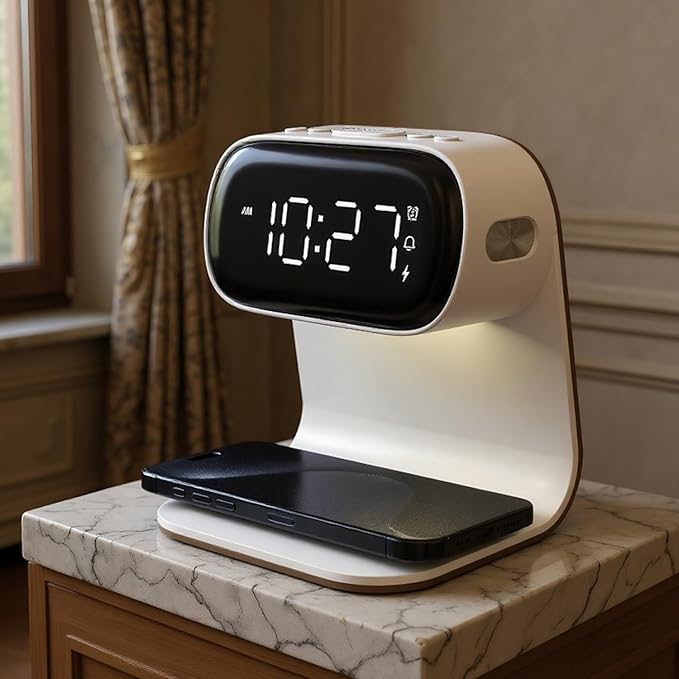 Digital Alarm Clock with Wireless Fast Charging Station 15W Touch Smart Lamp for Bedside,3 Colors Nightlight Adjustment Night Lamp for Living Room,Bedside,Heavy Sleepers (White-01-Adapter)