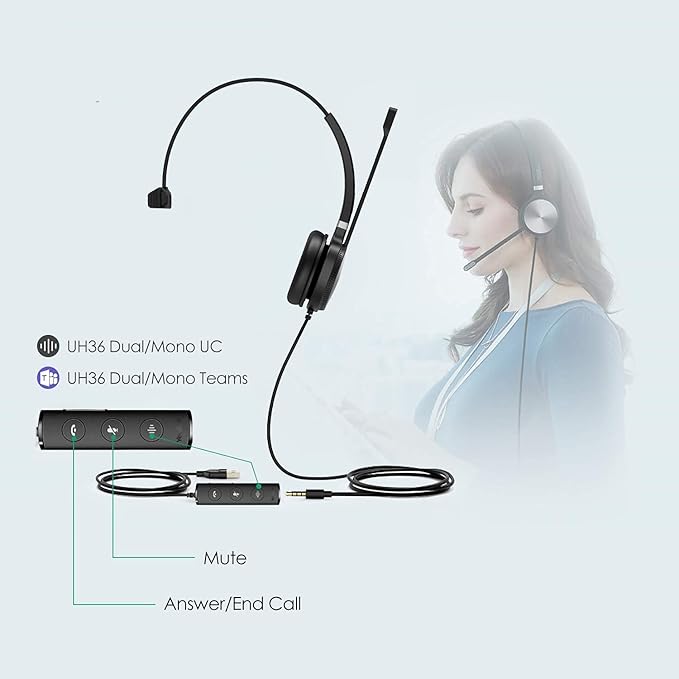 Yealink UH36 Professional USB Headset Wired Headphones for Work Calls and Music, Headset with Noise Cancelling Mic for Computer PC Laptop（UC Compatible, Mono,3.5mm Jack/USB Connection）