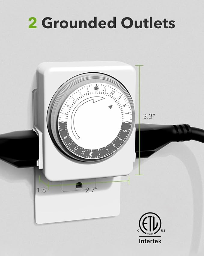 HBN Outlet Timer for Electrical Outlets Indoor, 24 Hour Mechanical Light Timers for Lamps, Dual 3-Prong Plug-in Outlets, 15-Minute Intervals, Heavy Duty Daily Cycle, 1 Pack