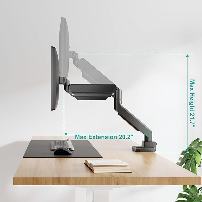 WALI Ultrawide Monitor Arm for 13 to 49 Inch Heavy Duty Curved Screens, Holds 33 Lbs, Adjustable Gas Spring Single Monitor Desk Mount with C-Clamp, Grommet Base, 75x75/100x100 VESA, (GSM001XL), Black