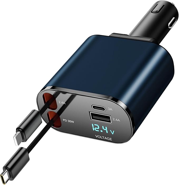 Retractable Car Charger Compatible with Galaxy Pixel, 4 in 1 Fast Charging 60W, Retractable Phone Charger for Car Retractable Cable and 2 USB Ports