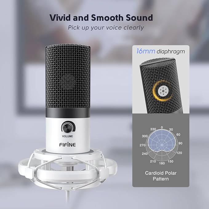 FIFINE USB Recording Microphone Kit, Studio Condenser Microphone for Vocals Music Creation, Voice-Over, Singing with Metal Boom Arm, 16mm Diaphragm, Podcast Mic Set-T669 White
