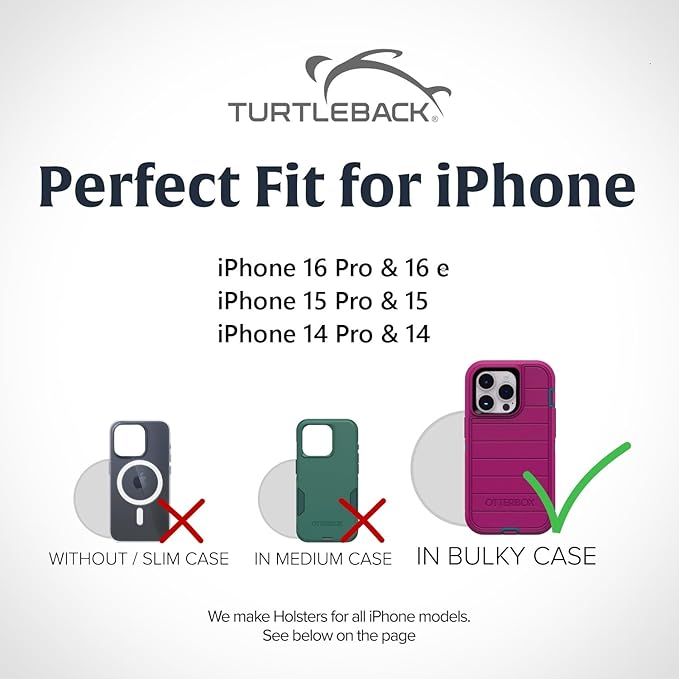 Turtleback Belt Holder for iPhone 16 Pro, 16e, 15 pro 14 Pro 13 Pro -Large- Fits w/Defender Bulky Style Cases, Premium Black Leather Vertical Holster, Magnetic Closure Leather Wrapped Belt Clip