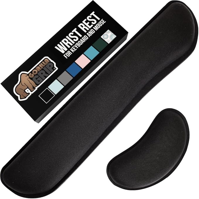 GORILLA GRIP Silky Memory Foam Wrist Rest for Computer Keyboard, Mouse, Ergonomic Design for Typing Pain Relief, Desk Pads Support Hand and Arm, Mousepad Rests, Stain Resistant, 2 Piece Pad, Black