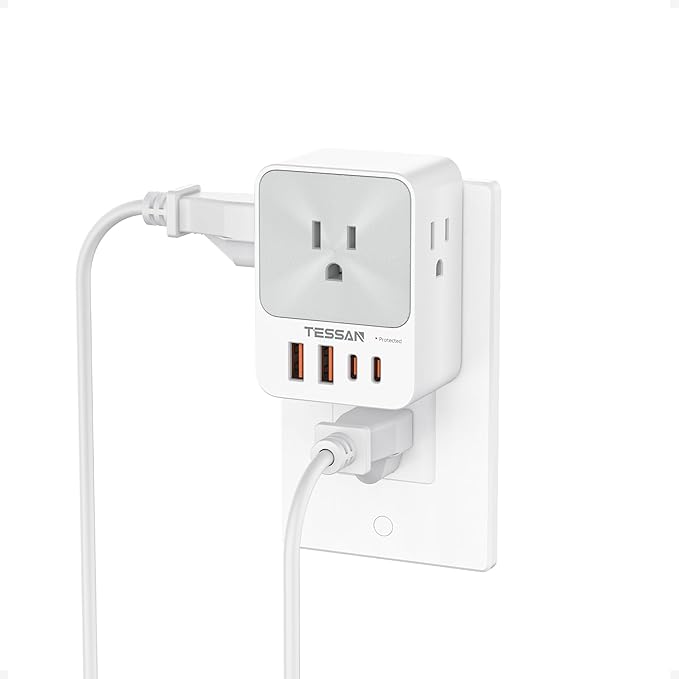 USB C Charger Block 20W PD, TESSAN 4 USB Wall Charger Fast Charging with 3 Outlet Extender Surge Protector, 3 Side Multi Port Adapter, Electric Multiple Outlet Plug for Home Office Dorm Room