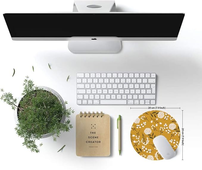 Round Mouse Pad, Cute Floral Mouse Pad with Design, Computer Mouse Mat, Non-Slip Rubber Base Mousepad, Waterproof Women Office Mouse Pads, Yellow Flowers