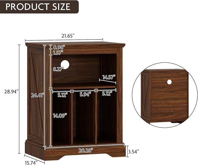 Farmhouse Record Player Stand, 3 Tier End Table, Turntable Stand with Vinyl Record Storage ,Wood Record Holder Cabinet Dispaly Shelf for Living Room,Bedroom,Rustic Brown