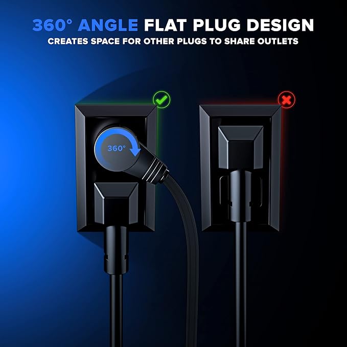 Maximm Cable 8 Ft 360° Rotating Flat Plug Extension Cord, 16/3 AWG Multi 3 Outlet 3-Prong Grounded Wire- Black - UL Certified