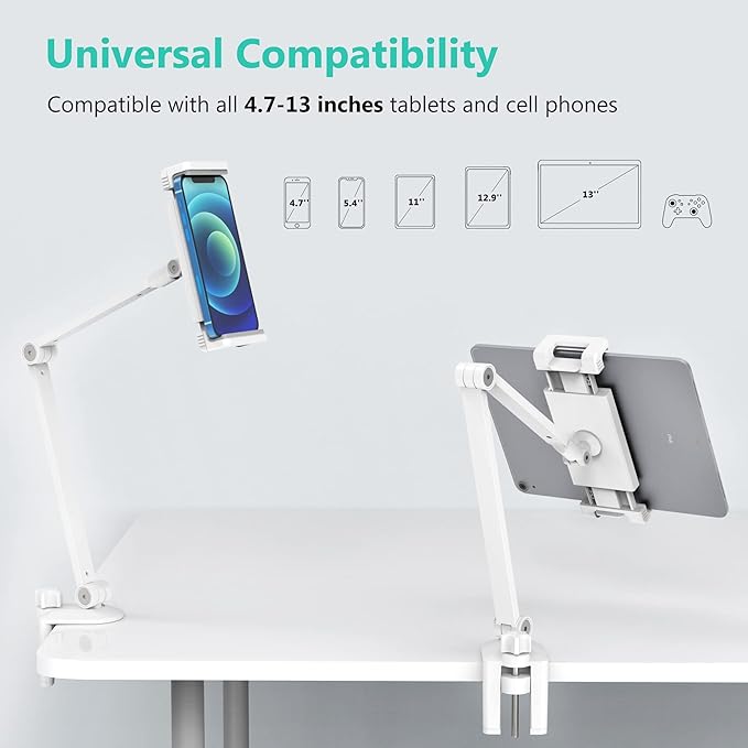 iPad Desk Mount, Tablet Holder, Multi-Angle Adjustable Tablet Stand for 4.7''- 13'' Screen Microsoft Surface Pro Series, iPad Series(White)
