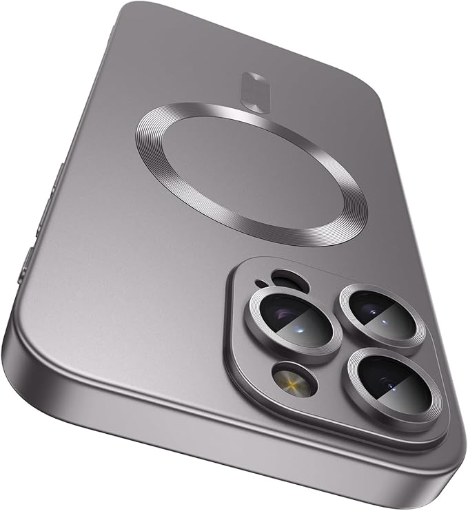 Magnetic for iPhone 16 Pro Case [Compatible with MagSafe][Built-in Camera Lens Protector] Slim Soft Silicone Bumper Shockproof Metallic Phone Case (Titanium Gray)