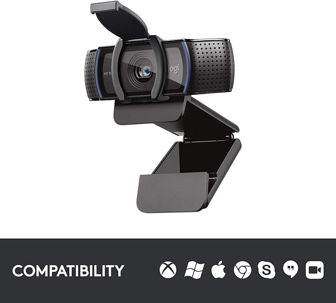 Logitech C920S HD Pro Webcam, Full HD 1080p/30fps Video Calling, Clear Stereo Audio, Light Correction, Privacy Shutter, Works with Skype, Zoom, FaceTime, Hangouts, PC/Mac/Laptop/Tablet/XBox - Black