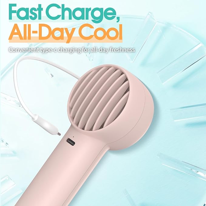 Mini Portable Fan, USB Personal Handheld Fan with 3-Speed Cooling Wind Rechargeable Battery Operated Mini Pocket Design for Desktop/Travel/Outdoor/Vacation/Concerts/Lash Makeup-Pink