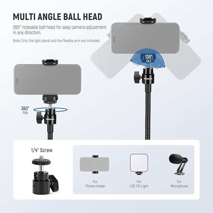 NEEWER 71" Phone Tripod Stand with Reversible Legs Flexible Arm 360° Ball Head Phone Holder & Remote, Portable Photography Light Stand Compatible with iPhone 16 15 Pro Max for Video Recording, TS06
