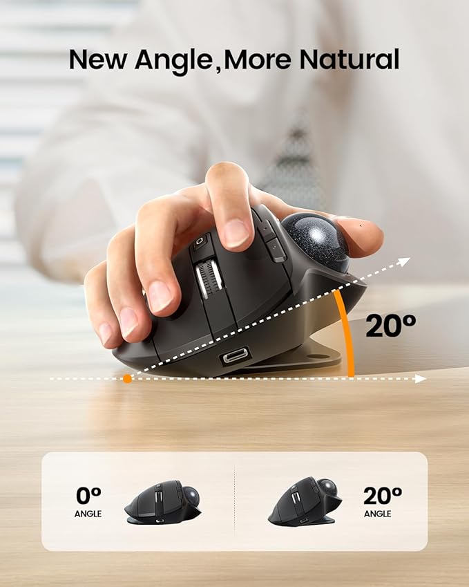 ProtoArc Wireless Trackball Mouse, EM01 NL Ergonomic Bluetooth Rollerball Thumb Rechargeable Computer Laptop Mouse, Adjustable Angle & 3 Device Connection for PC, Mac, Windows-Gray Ball