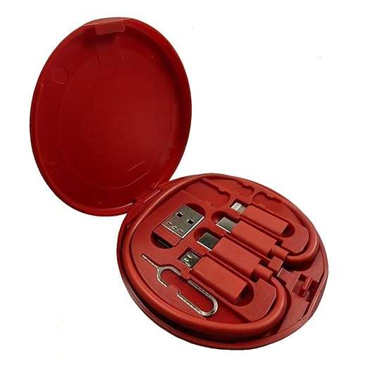 Multifunctional Data Cable Conversion Head Portable Storage Box, Multi-Type Charging Line Convertor USB Type C Adapter Tool Contains Sim Card Slot Tray Eject Pin, Phone Holder (Red)