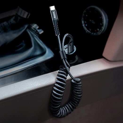 Baseus USB Type C Cable for Car, Retractable Cable(3FT) Curly USB A to USB-C Fast Charger Cord Compatible Samsung Galaxy S10 S9 S8 Plus Note 9 8, Moto Z, LG5/G6/V20, USB C Devices (Black)