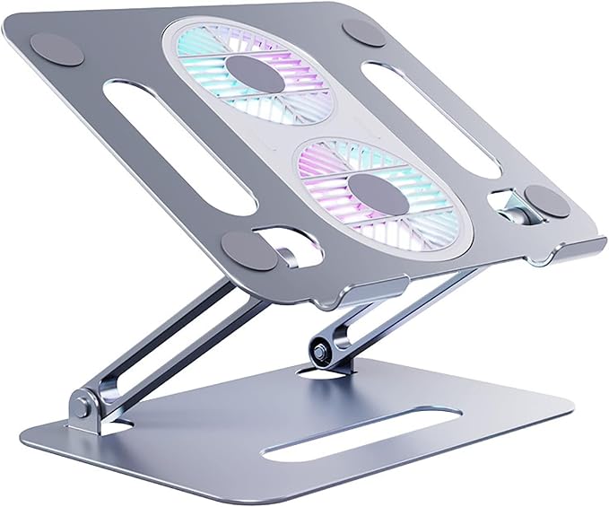 Adjustable Laptop Stand with Cooling Fan, Aluminium Alloy Multi-Angle Computer Holder for Desk, Portable Notebook Metal Mount All Laptops 11"-17.3"-Grey
