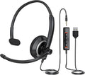 USB Headset with Microphone for PC - Lightweight Single-Ear Computer Headset, Crystal Clear Sound & Comfort Fit, Flexible Steel Headband (3.5mm+USB)