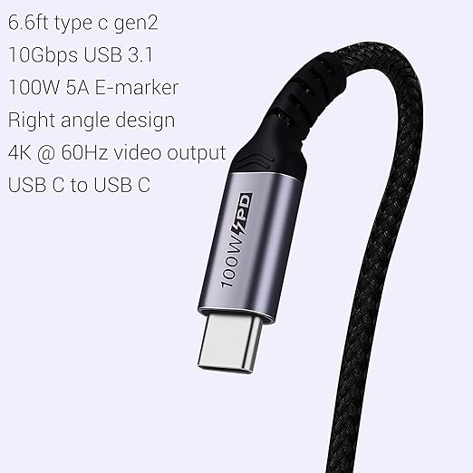 USB C to USB C Cable 100W,[2-Pack 6.6ft Right Angle] USB 3.1 Fast Charging Cord 90 Degree 20V/5A Type C PD Cable Compatible for iPhone 15/15 Plus/15 Pro/15 Pro Max/MacBook Pro 2022