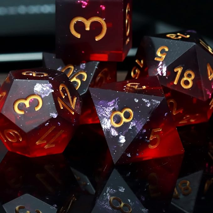 Haxtec Sharp Edge DND Dice Set Purple Red Resin Dice Silver Flakes D&D Dice for RPG Role Playing Games Compatible with Dungeons and Dragons Gift War Series
