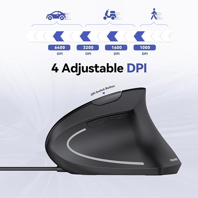 TECKNET Wired Mouse, 6400 DPI Ergonomic Mouse 6 Buttons Silent Mouse 4 Adjustable DPI Vertical Mouse Compatible with Windows/Chrome/Laptop/Computer