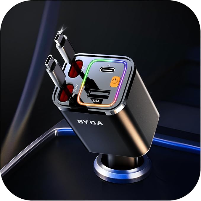 [2025 Mirco-Version] 4 in 1 Retractable Car Charger,69W Car Charger USB C,Cigarette Lighter Adapter,Fast Charging for iPhone 16e/16Pro Max,Galaxy,iPad,Pixel (Dual Cord USB-C) Black
