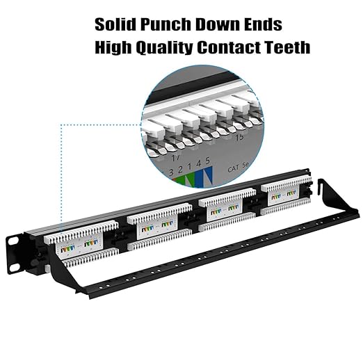 AMPCOM Premium Series CAT5/5e 24 Ports Patch Panel, Rack Mount - 1U, 19 inch, RJ45 Ethernet 568A 568B, 15u Gold Plated, with Rear Cable Support Bar