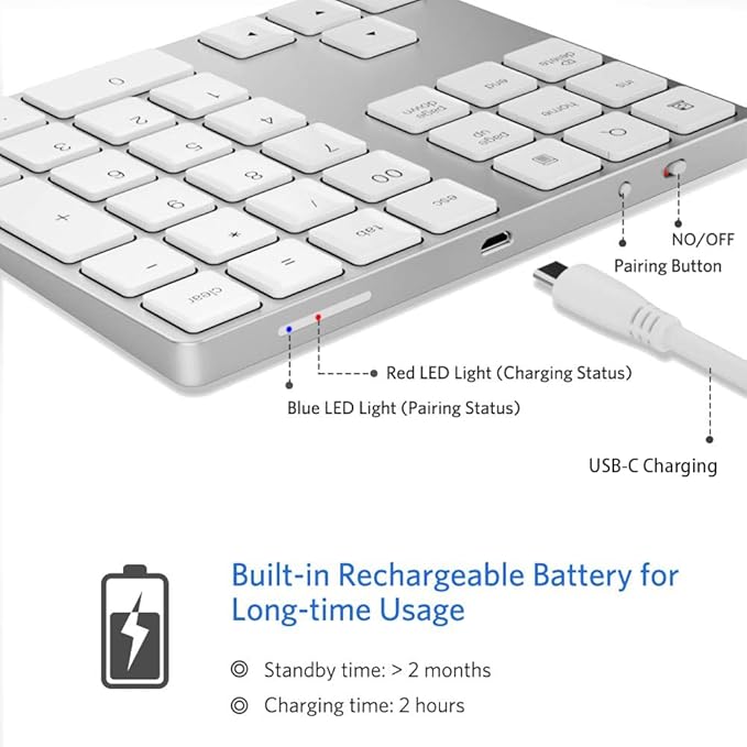 Bluetooth Number Pad, Wireless Numeric Keypad, USB-C Rechargeable External 34-Keys Numpad, Financial Data Entry Keyboard for iMac, MacBook Air/Pro, PC Desktop, Laptop Notebook(Silver)