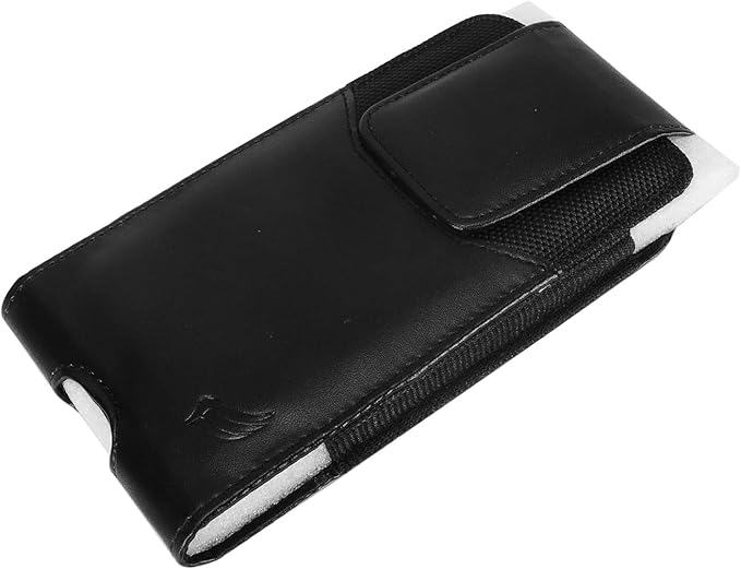 Leather Cellphone Holster for iPhone SE (2020/2022), 11 Pro, 12 13 14 15 16 17, Samsung Galaxy S22 S23 S24 S25 - Vertical Case Waist Carrying Pouch with Belt Clip/Loops, Black