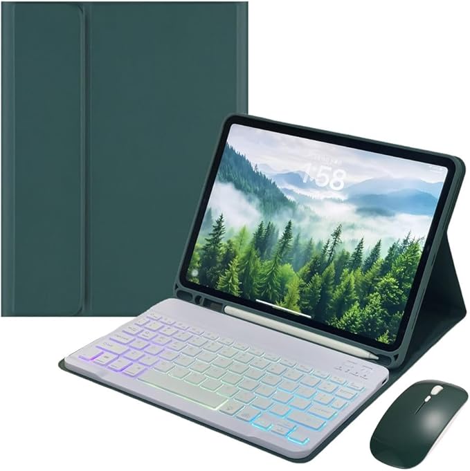 Rainbow Backlit Keyboard Case for iPad Pro 11 inch (4th/3rd/2nd/1st Gen) with Mouse and 7 Colors RGB Colorful Backlight Detachable Bluetooth Keyboard Cover,Dark Green+White