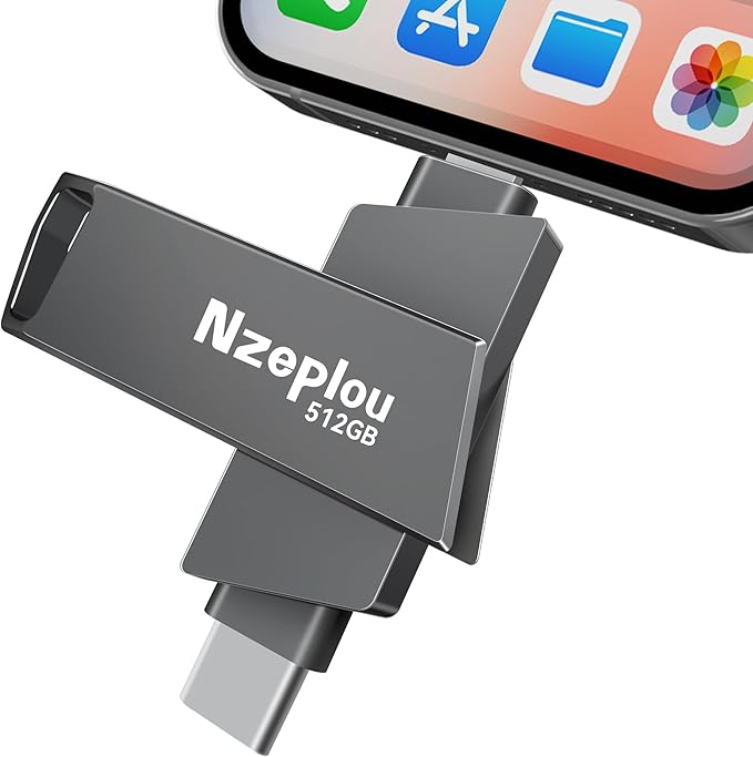 Flash Drive for iPhone iPad, USB3.0 High-Speed Memory Stick No App Needed, Lightening & USB-C External Memory Storage for Photos Videos, Picture Backup Thumb Drive Plug & Play (512GB, Space Gray)