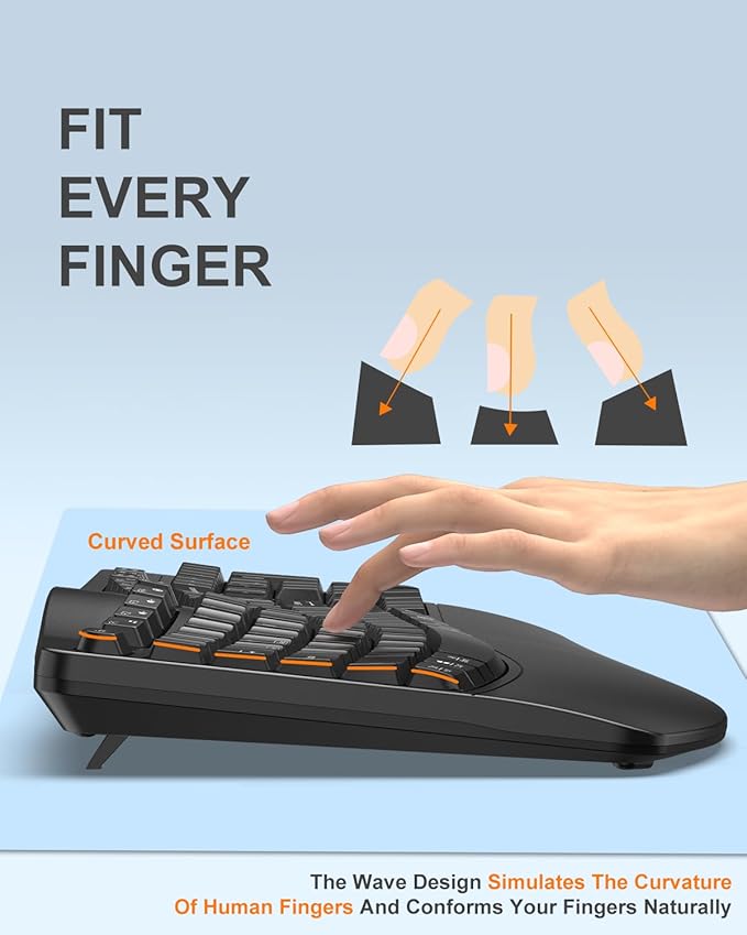 EDJO Ergonomic Wireless Keyboard for Large Hands, with Wrist Rest, Wave Keys, 2.4GHz Full Size Ergo Cordless USB Computer Keyboard, Comfortable Natural Typing, for Laptop, Mac, Windows (Black)