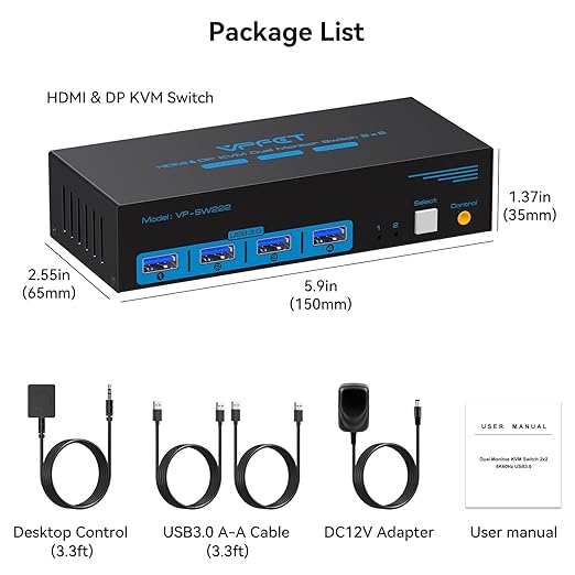 4K@120Hz Kvm Switch 2 Monitors 2 Computers 8K@60Hz HDMI Displayport Dual Monitor KVM Switches 2 Ports for 2 PC Share Mouse Keyboard and 2 Screens with USB 3.0 Cables and Extended Controller
