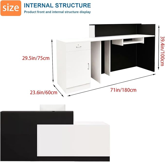 Reception Desk with Counter Modern Checkout Counter with Lockable Drawer Keyboard Tray Receptionist Desk for Office Salon Reception Table E Left 71inch/180cm