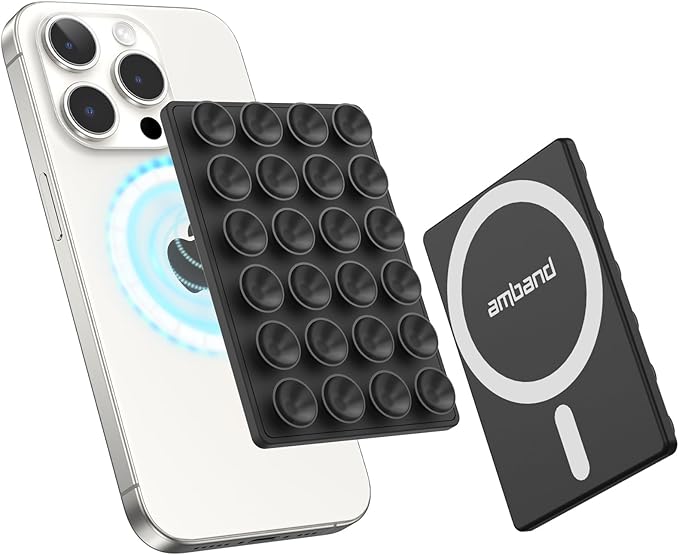 amBand Magnetic Sticky Phone Suction Grip for MagSafe, Removable for Wireless Charging, Durable Magnet Silicone Portable Mount Stand for iPhone 12/13/14/15/16 Series, Hands-Free Video/Selfie, Black