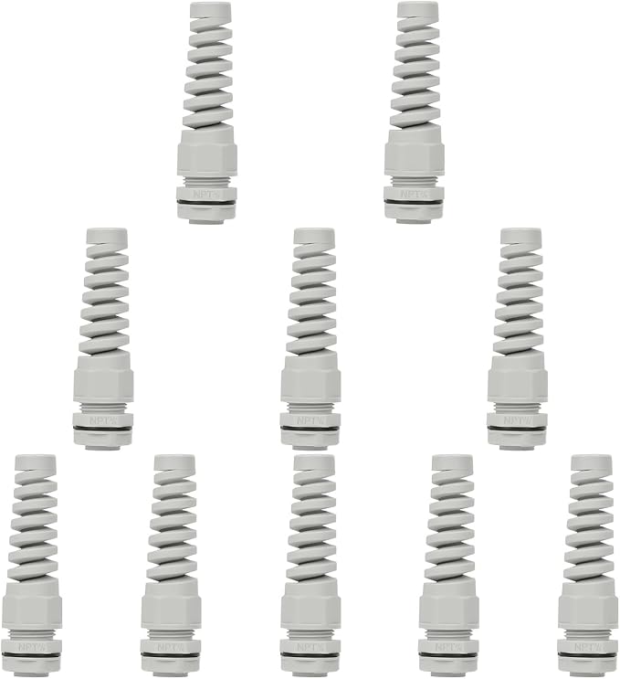 LeMotech 10Pcs NPT 3/8" IP68 Waterproof Cable Gland Flex Spiral Strain Relief Grey Nylon Joint with Gaskets for 5-10mm Wire Thread